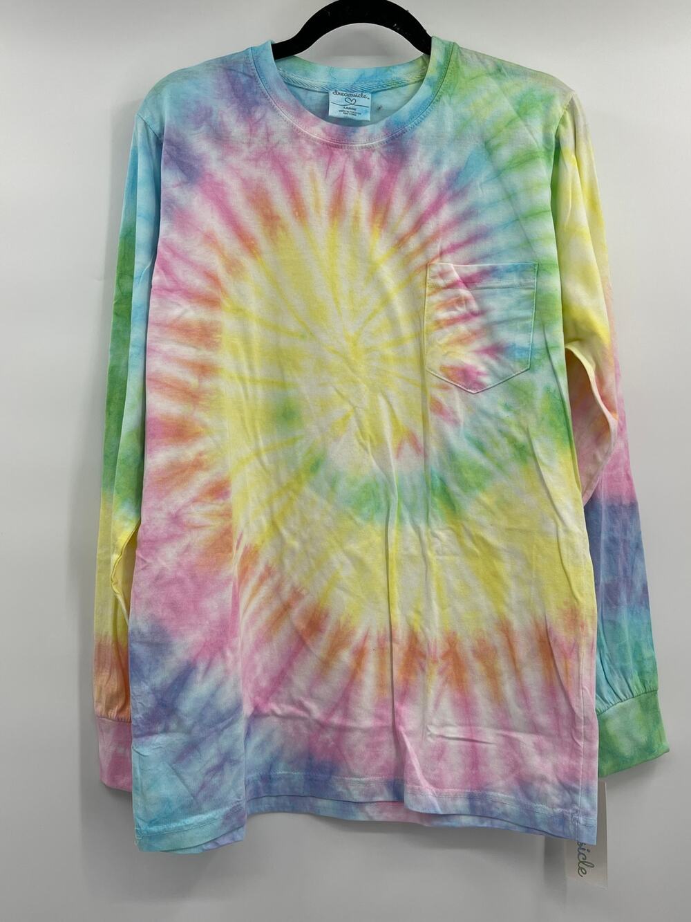 Dreamsicle Tie Dye Top Crew Neck Long Sleeve Pullover Pocket Yellow Large NEW